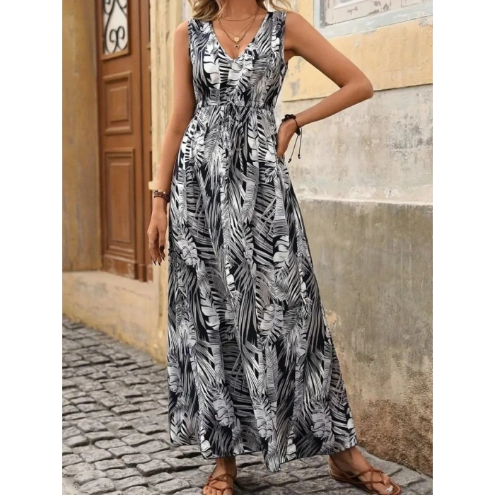 Kadın Askılı V Yakalı Belden Bağcıklı Geniş Kesim Desenli Süprem Elbise