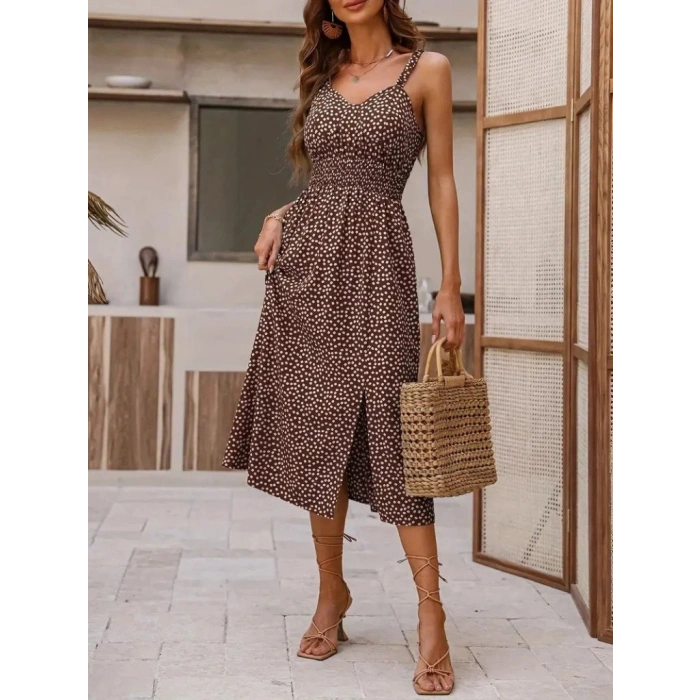 Kadın Askılı V Yakalı Beli Lastikli Yırtmaçlı Süprem Midi Elbise