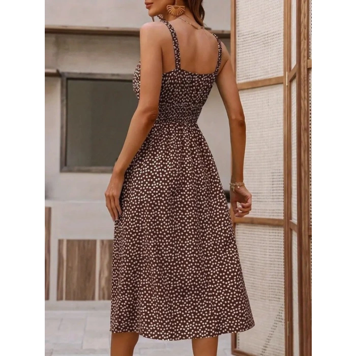 Kadın Askılı V Yakalı Beli Lastikli Yırtmaçlı Süprem Midi Elbise