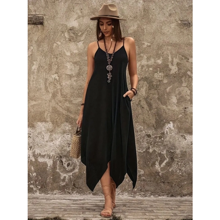 Kadın Askılı V Yakalı Cep Detaylı Asimetrik Kesim Detaylı Viskon Elbise