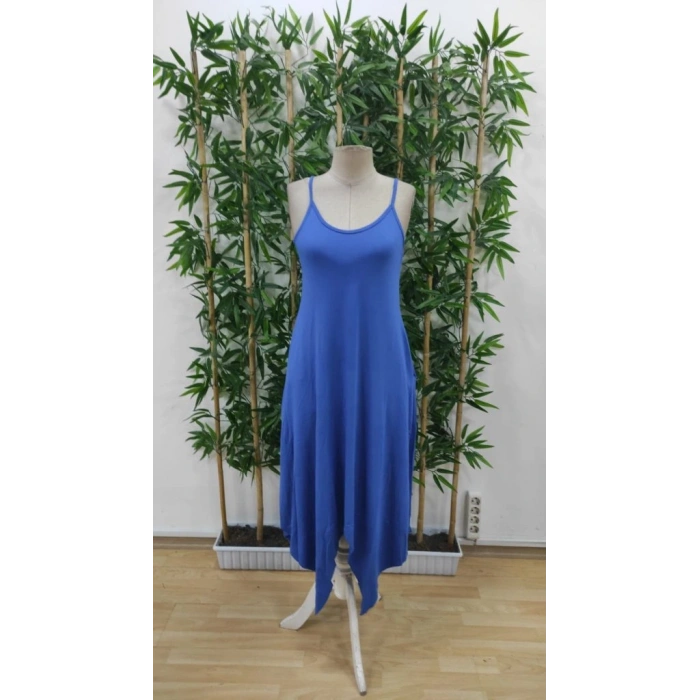 Kadın Askılı V Yakalı Cep Detaylı Asimetrik Kesim Viskon Elbise