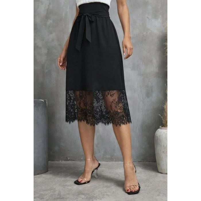 Kadın Askılı V Yakalı Dantelli Midi Viskon Elbise