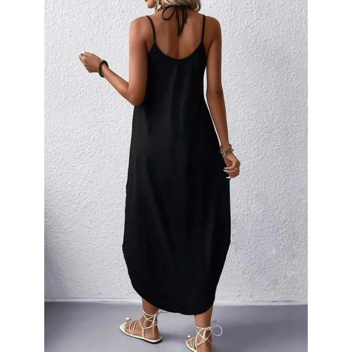 Kadın Askılı V Yakalı Desenli Uzun Viskon Elbise