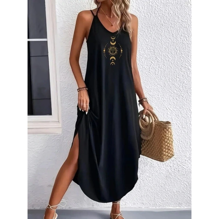 Kadın Askılı V Yakalı Desenli Uzun Viskon Elbise