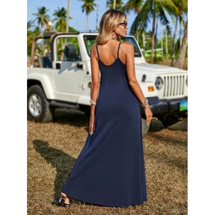 Kadın Askılı V Yakalı Etnik şerit Detaylı Uzun Viskon Elbise