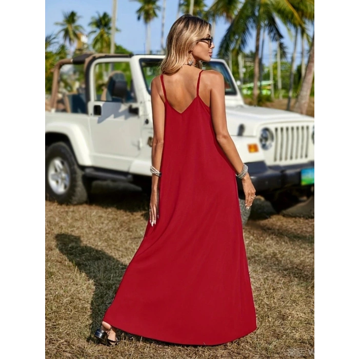 Kadın Askılı V Yakalı Etnik şerit Detaylı Uzun Viskon Elbise