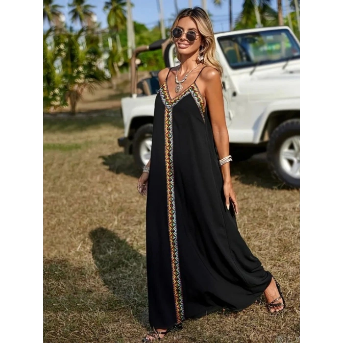 Kadın Askılı V Yakalı Etnik şerit Detaylı Uzun Viskon Elbise