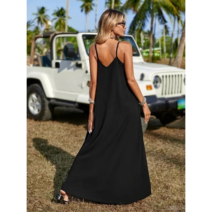 Kadın Askılı V Yakalı Etnik şerit Detaylı Uzun Viskon Elbise