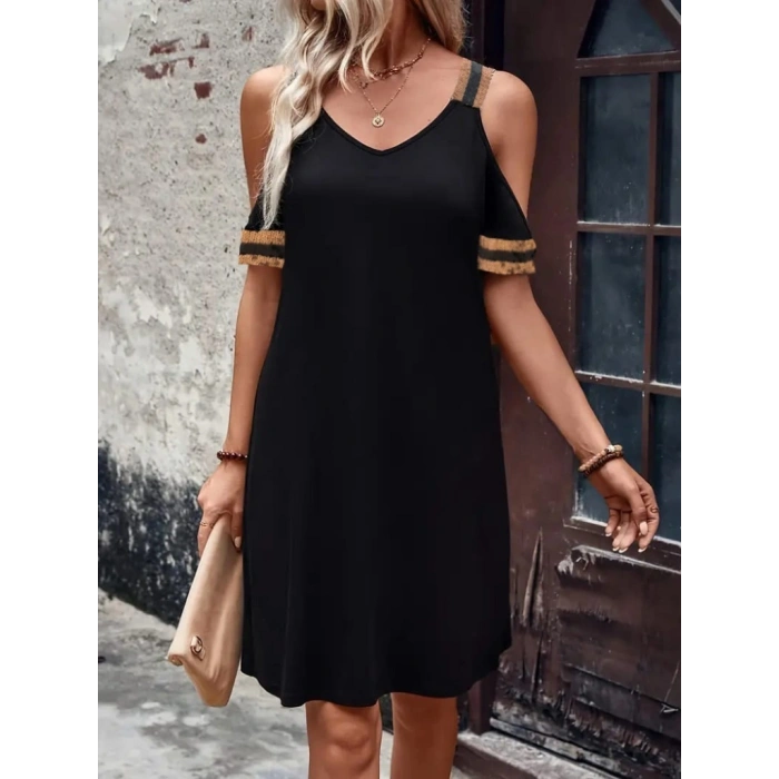 Kadın Askılı V Yakalı Omuzlardan Açık Kısa Viskon Elbise