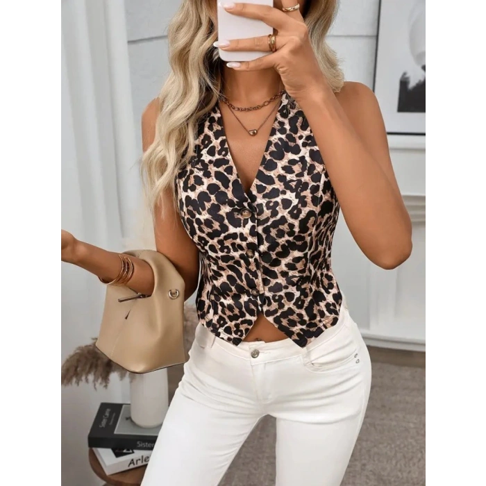 Kadın Askılı V Yakalı önden Düğmeli Leopar Desenli Atlas Ceket