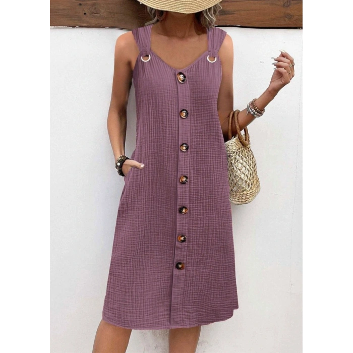 Kadın Askılı V Yakalı önden Düğmeli Narin Elbise