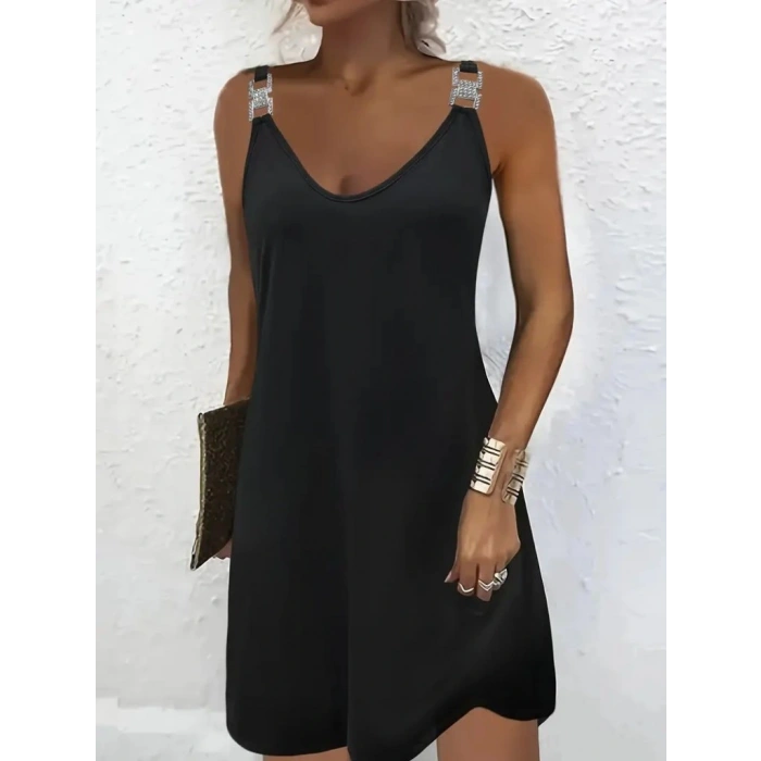 Kadın Askılı V Yakalı Toka Detaylı Janjan Krep Elbise