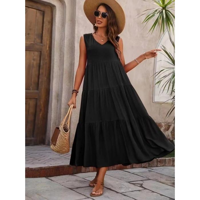 Kadın Askılı V Yakalı Uzun Dokuma Viskon Elbise