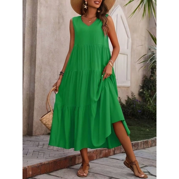 Kadın Askılı V Yakalı Uzun Dokuma Viskon Elbise