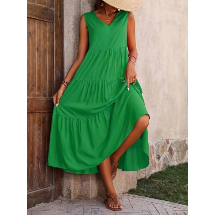 Kadın Askılı V Yakalı Uzun Dokuma Viskon Elbise