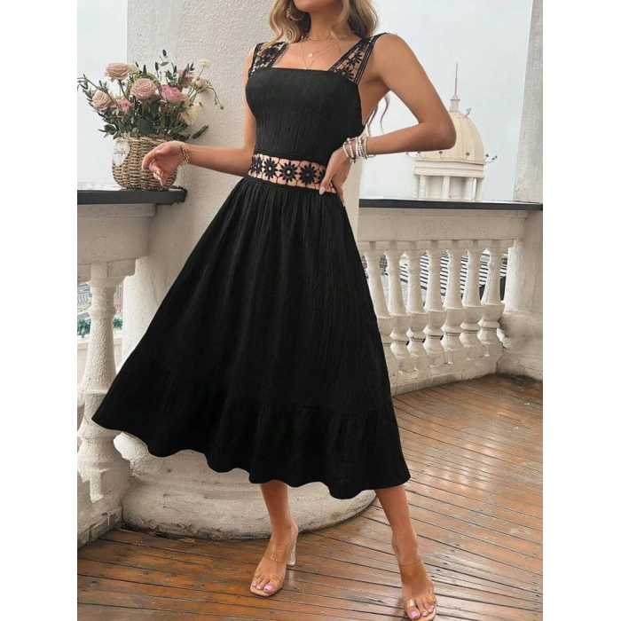 Kadın Askılı Ve Beli Dantel Detaylı Fırfırlı Uzun Bürümcük Elbise