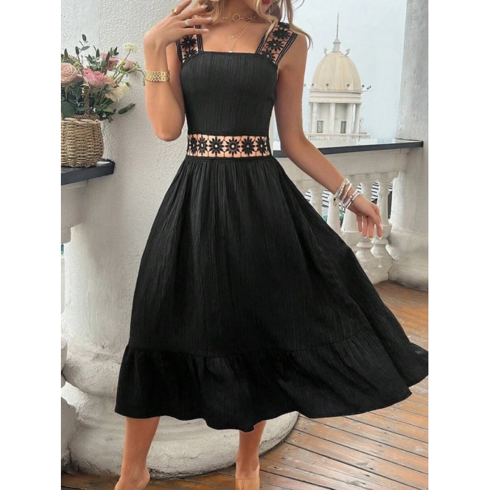 Kadın Askılı Ve Beli Dantel Detaylı Fırfırlı Uzun Bürümcük Elbise