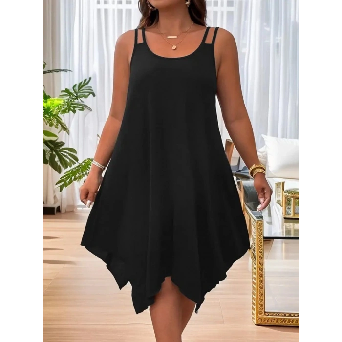 Kadın Askılı Yuvarlak Asimetrik Kesim Detaylı Viskon Elbise