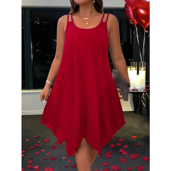 Kadın Askılı Yuvarlak Asimetrik Kesim Detaylı Viskon Elbise