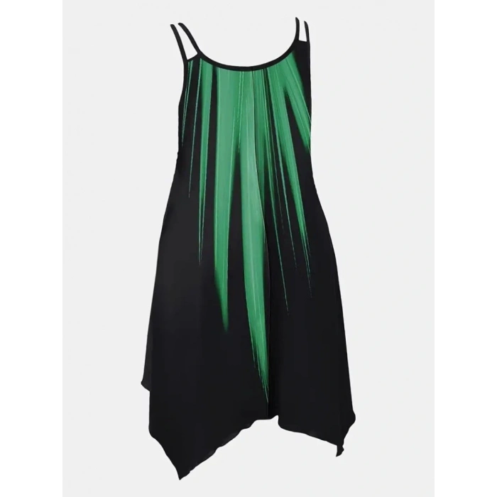 Kadın Askılı Yuvarlak Yaka Asimetrik Detaylı Desenli Süprem Elbise