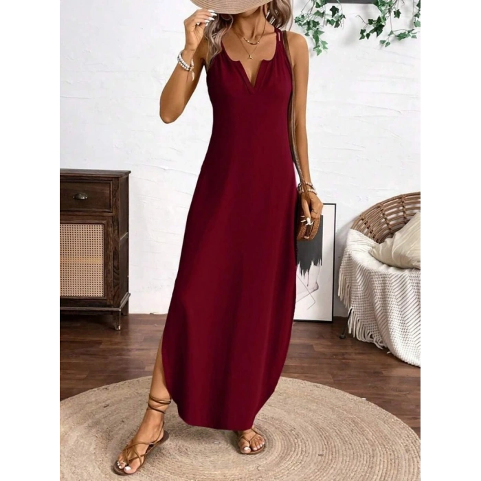 Kadın Askılı Yuvarlak Yaka Asimetrik Detaylı Viskon Elbise