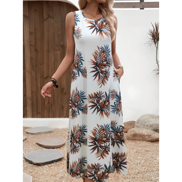 Kadın Askılı Yuvarlak Yaka Cepli Desenli Süprem Elbise