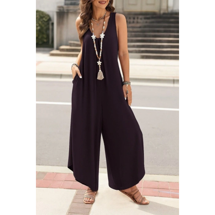 Kadın Askılı Yuvarlak Yaka Cepli Salaş Uzun Viskon Tulum