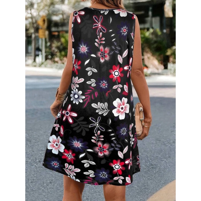 Kadın Askılı Yuvarlak Yaka Desenli A Kesim Süprem Elbise