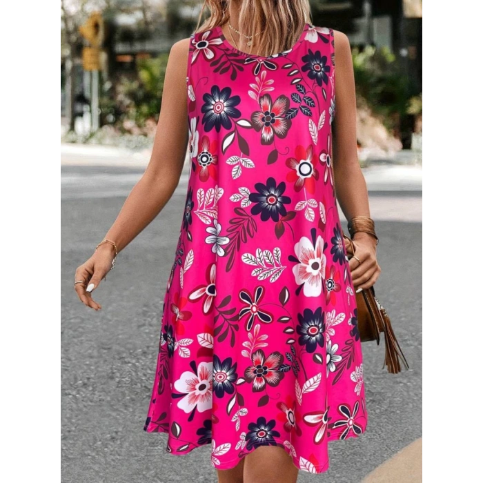 Kadın Askılı Yuvarlak Yaka Desenli A Kesim Süprem Elbise