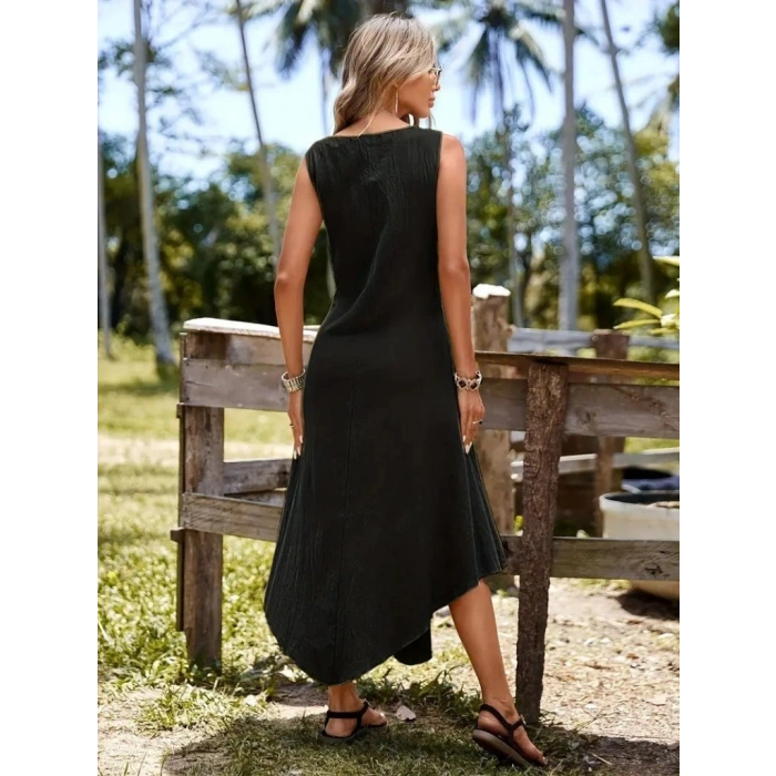 Kadın Askılı Yuvarlak Yaka Düğmeli Asimetrik Kesim Detaylı Ithal Keten Elbise