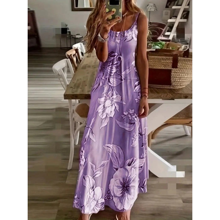 Kadın Askılı Yuvarlak Yaka Etek Geniş Kesim Desenli Süprem Elbise