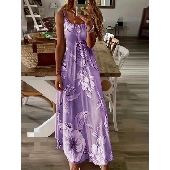 Kadın Askılı Yuvarlak Yaka Etek Geniş Kesim Desenli Süprem Elbise