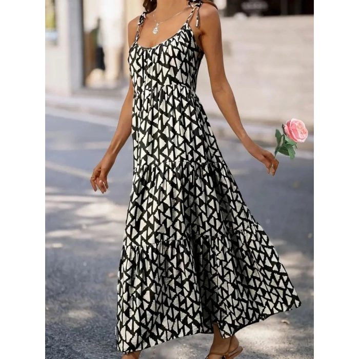 Kadın Askılı Yuvarlak Yaka Fırfırlı Desenli Uzun Bürümcük Elbise