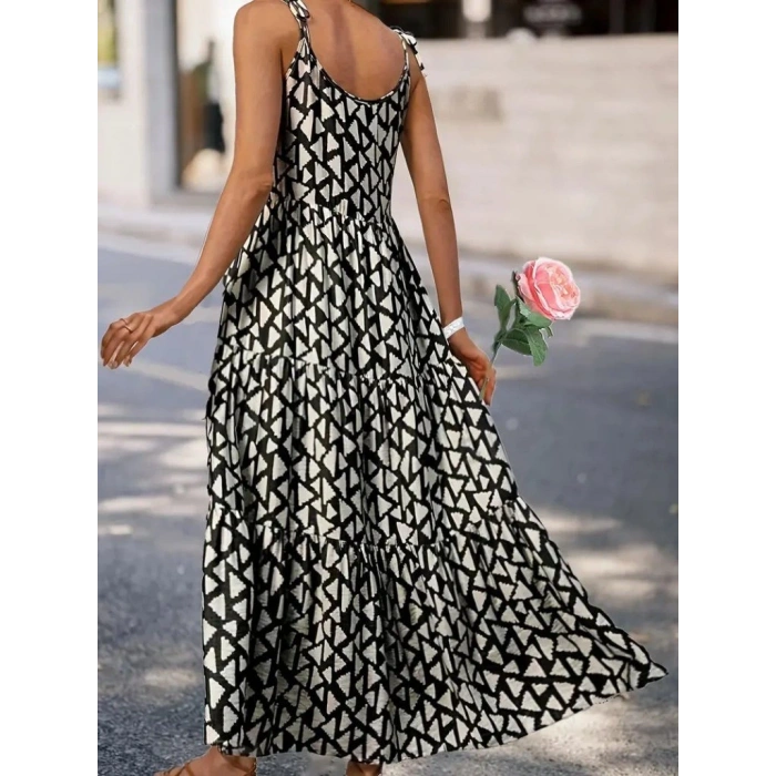 Kadın Askılı Yuvarlak Yaka Fırfırlı Desenli Uzun Bürümcük Elbise