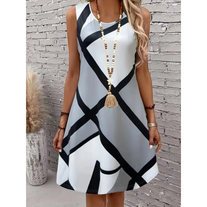 Kadın Askılı Yuvarlak Yaka Geometrik Desenli Kısa Süprem Elbise