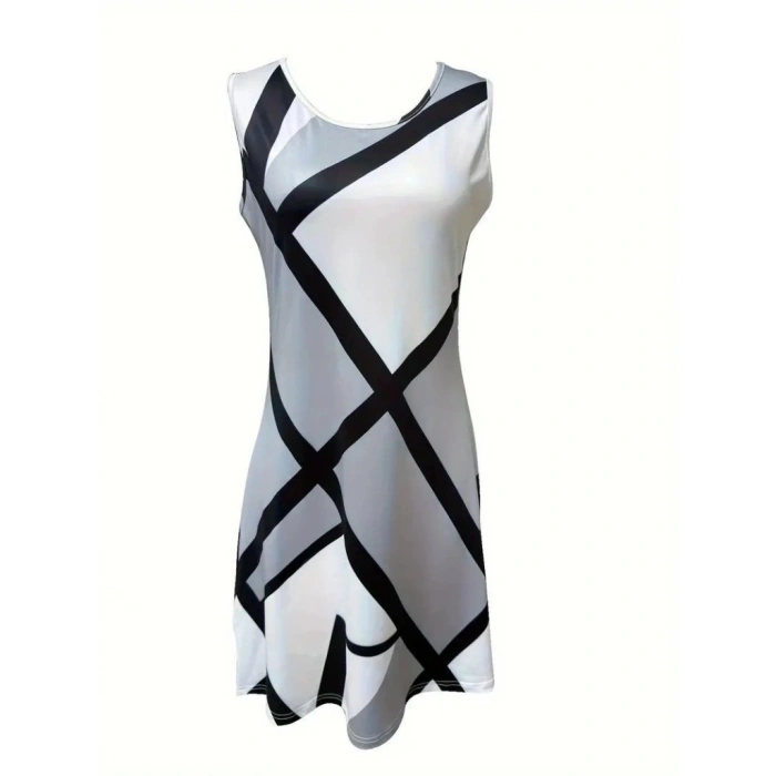 Kadın Askılı Yuvarlak Yaka Geometrik Desenli Kısa Süprem Elbise