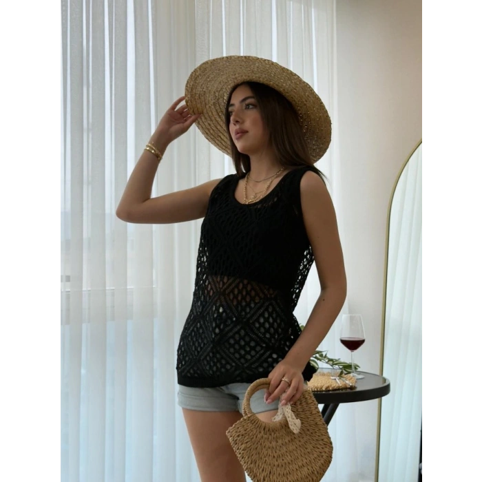 Kadın Askılı Yuvarlak Yaka Geometrik Desenli Triko Bluz