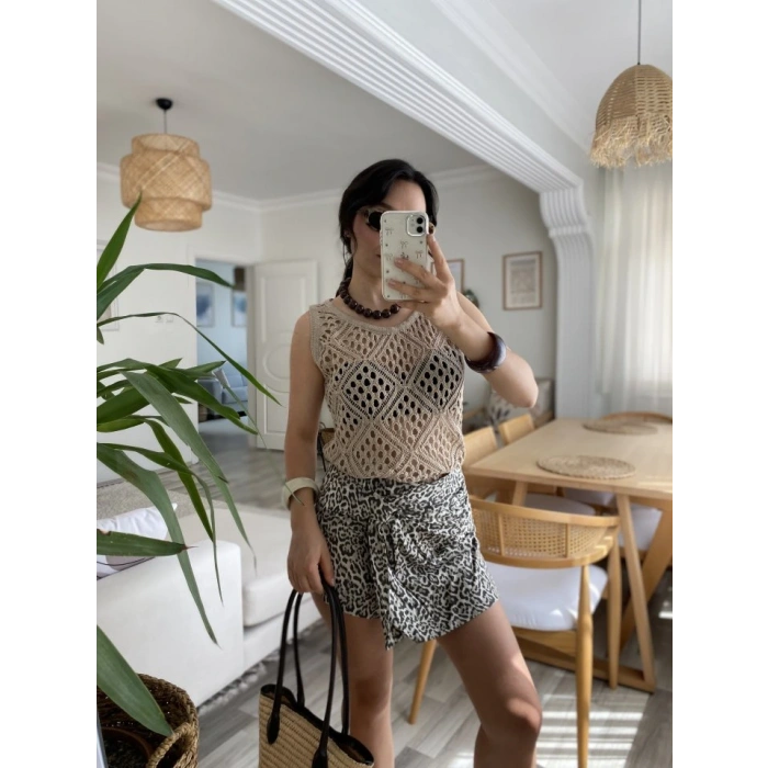 Kadın Askılı Yuvarlak Yaka Geometrik Desenli Triko Bluz