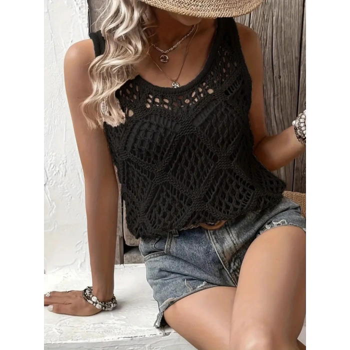 Kadın Askılı Yuvarlak Yaka Geometrik Desenli Triko Bluz