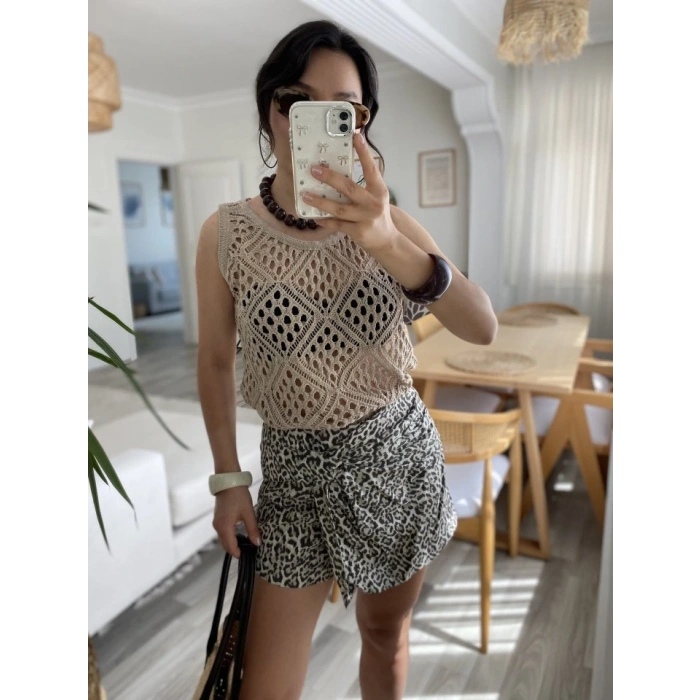 Kadın Askılı Yuvarlak Yaka Geometrik Desenli Triko Bluz