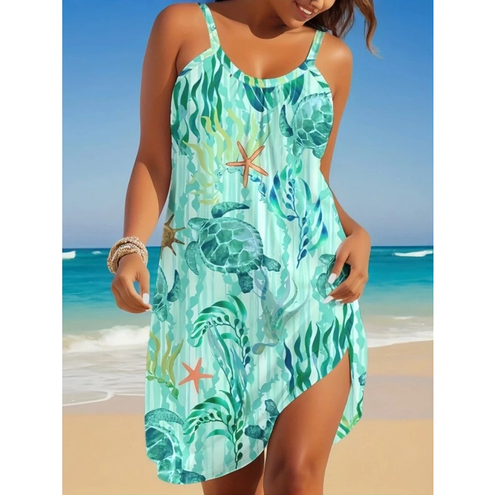 Kadın Askılı Yuvarlak Yaka Kaplumbağa Desenli Süprem Elbise