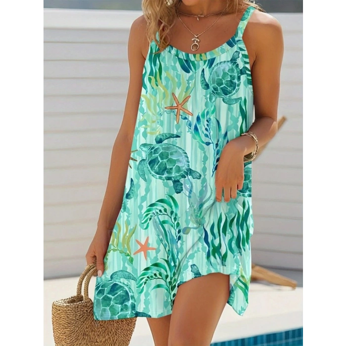 Kadın Askılı Yuvarlak Yaka Kaplumbağa Desenli Süprem Elbise