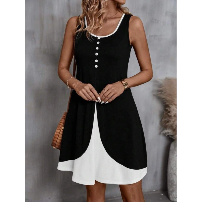 Kadın Askılı Yuvarlak Yaka önden Düğmeli çift Renkli Viskon Elbise