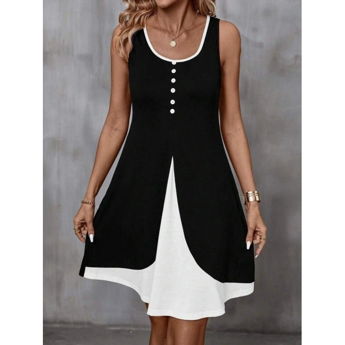 Kadın Askılı Yuvarlak Yaka önden Düğmeli çift Renkli Viskon Elbise