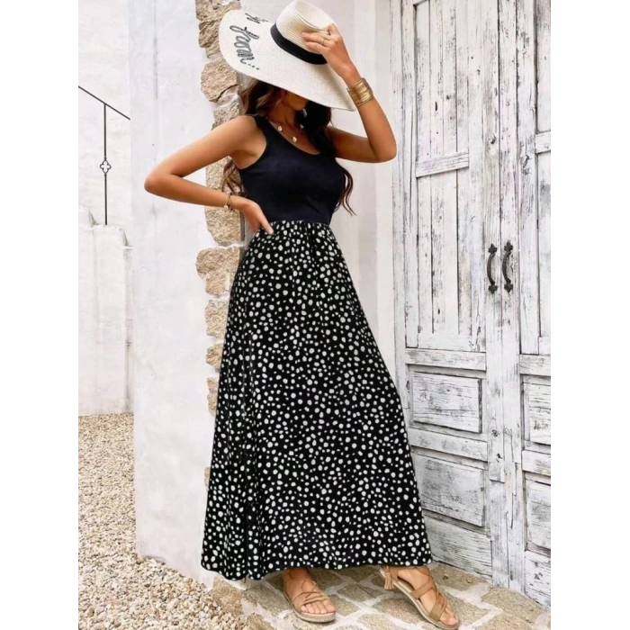 Kadın Askılı Yuvarlak Yaka üst Viskon Alt Desenli Bürümcük Elbise