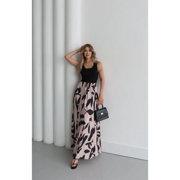 Kadın Askılı Yuvarlak Yaka üst Viskon Alt Desenli Uzun Süprem Elbise