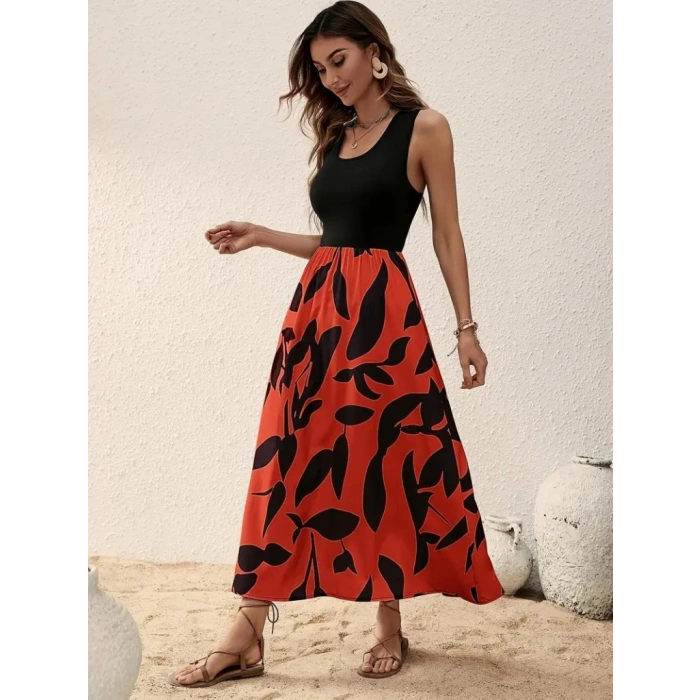 Kadın Askılı Yuvarlak Yaka üst Viskon Alt Desenli Uzun Süprem Elbise