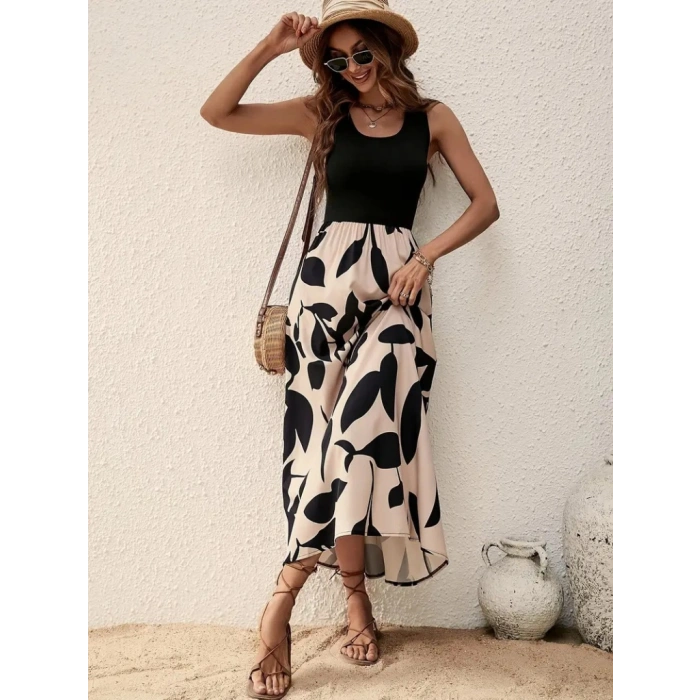 Kadın Askılı Yuvarlak Yaka üst Viskon Alt Desenli Uzun Süprem Elbise