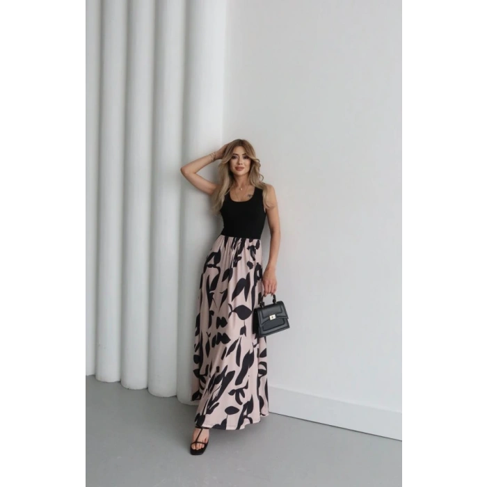 Kadın Askılı Yuvarlak Yaka üst Viskon Alt Desenli Uzun Süprem Elbise