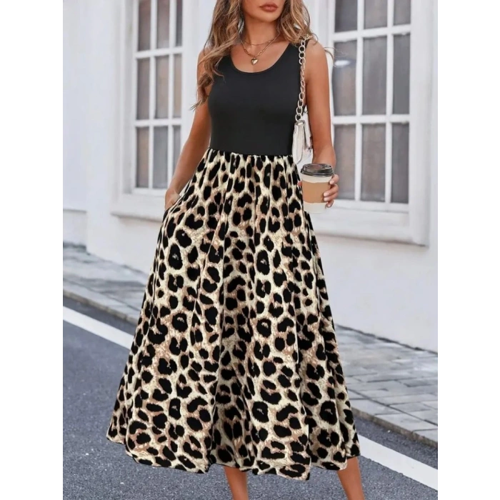 Kadın Askılı Yuvarlak Yaka üst Viskon Alt Leopar Desenli Süprem Uzun Elbise